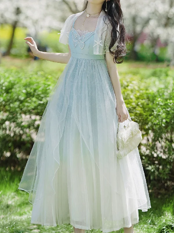 2PS Baby Blue Embroidered Butterfly Vintage Dress With Puff Sleeve Cardigan Suit Lightweight Heavyweight Midweight