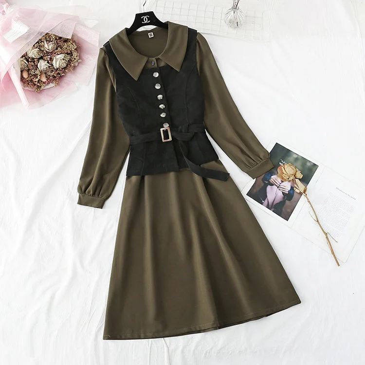 New Vest + French retro doll neck long sleeve bottomed skirt  3949 chiffon skirt lightweight