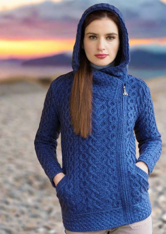 Aran Crafts Side Zip Hooded Cardigan | Blue Mesh Blend Leather Blend Suede Blend