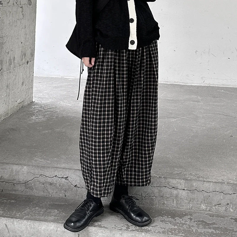 Plaid Casual Loose Wide Leg Harem Pants Lightweight Linen Pants