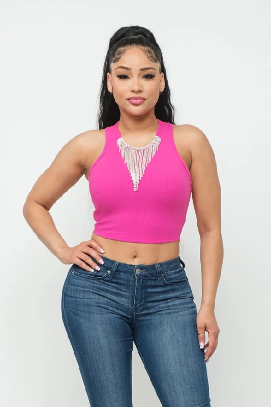 Fuchsia Rhinestones Fringe Trim Crop Tank Top Available in Size M beige tank top