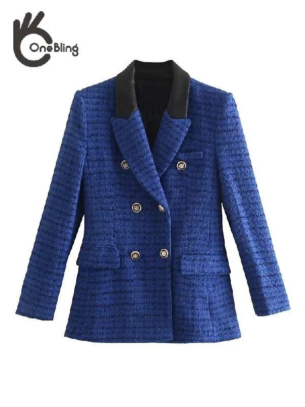 OneBling Za Woman 2022 Casual Traf Coats Spring PU Collar Patchwork Ornate Buttons Thick Blazers Tweed Woolen Suit Jacket Mesh Jacket Canvas Jacket Denim Jacket