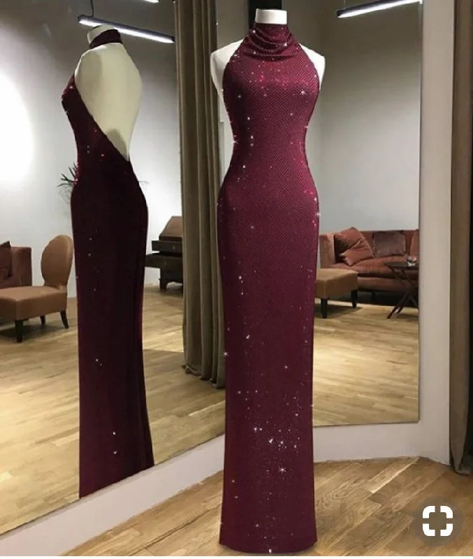 Sexy Burgundy Halter Backless Mermaid Long Party Dress Evening Gown, DP4938 Tunics Handmade artisanal