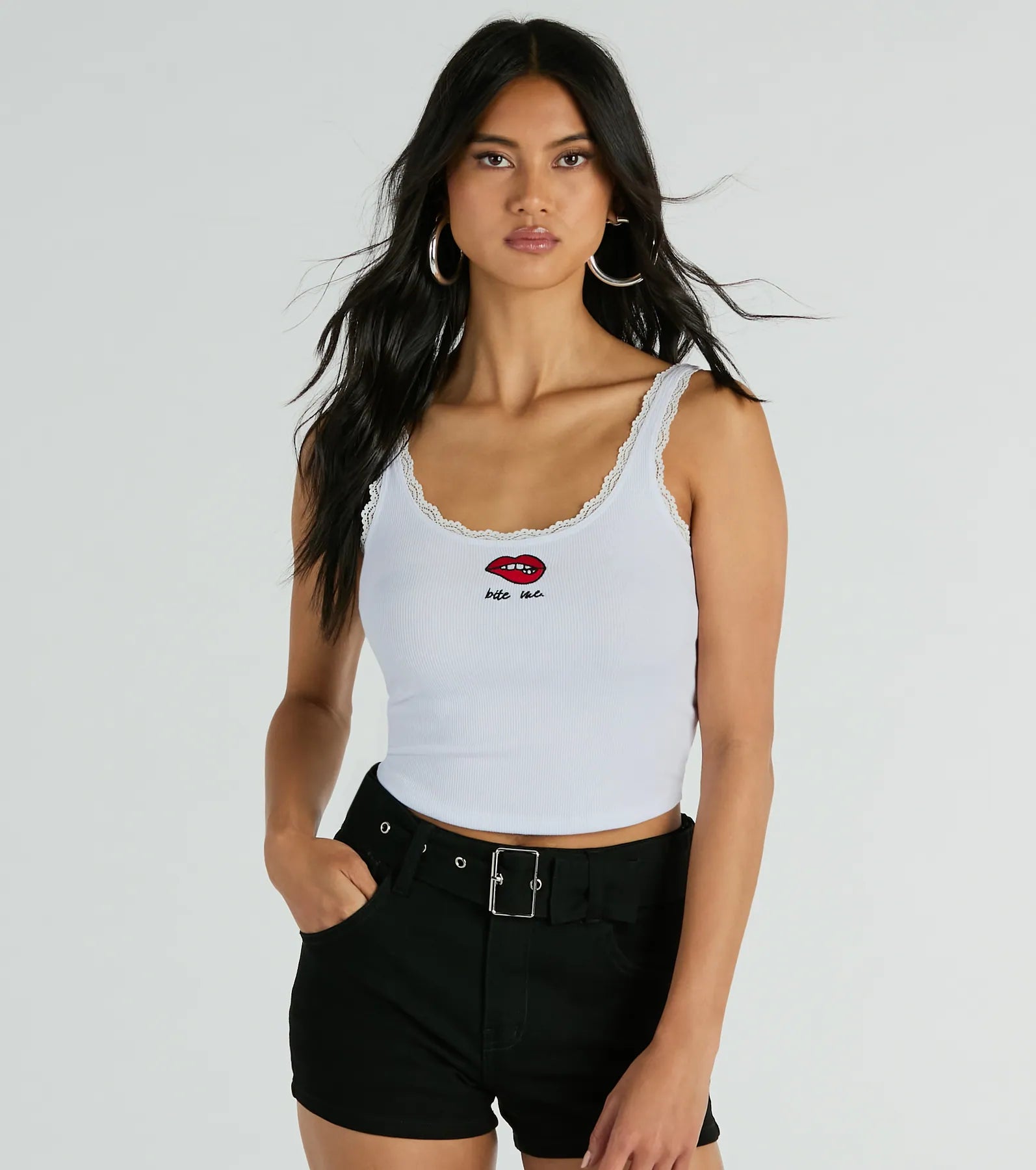 Bite Me Lace Trim Scoop Neck Crop Tank Top grey tank top