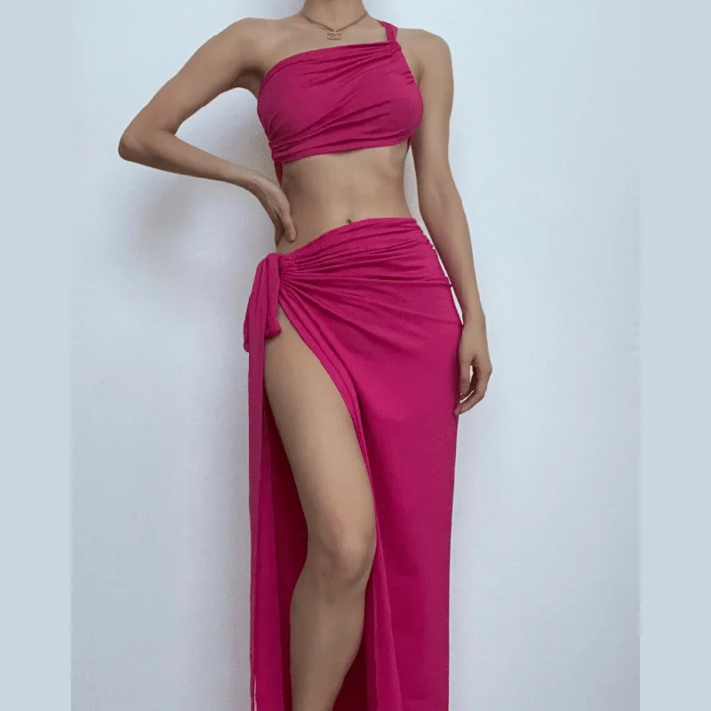 BerryBetty - Ruched solid one shoulder irregular self tie maxi skirt set wool skirt sturdy