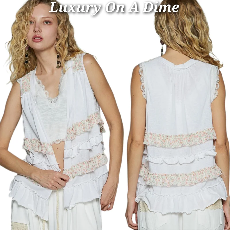 POL Ruffle Patchwork Retro Floral Boho Vest Hippie Raw Seam Sleeveless Cardigan White Solid Print Embellished