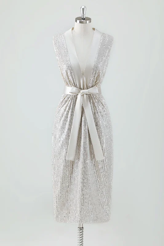 Champagne Sparkly V Neck Tea Length Holiday Party Dress with Bow Tunics Versatile stylish