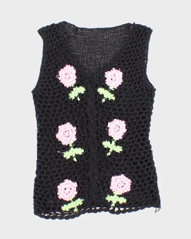 Womens Black and Pink Floral Crochet Tank Top - S solid color tank