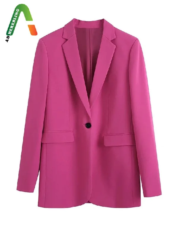 Adherebling 2023 Casual Traf Woman Blazer Office Lady Single Button Long Sleeve Jacket Pink Coat Chic Elegant Notch Collar Jacket Peter Pan Collar Jacket Cowl Neck Jacket