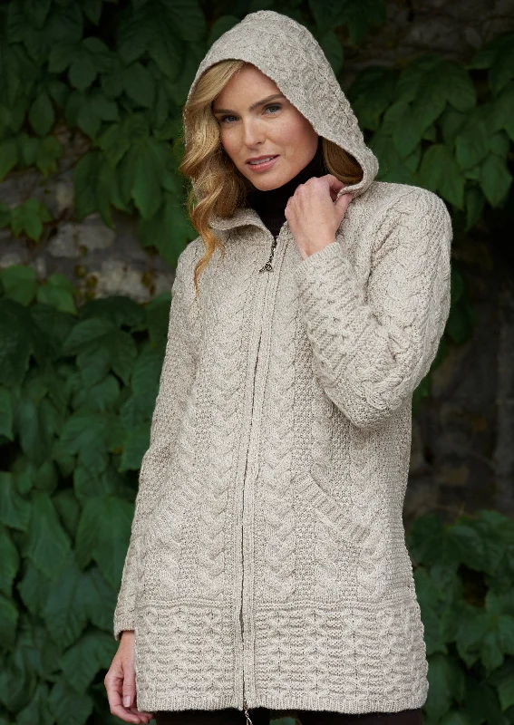 Aran Galway Cardigan With Celtic Knot Zipper | Oatmeal Chenille Brocade Lace