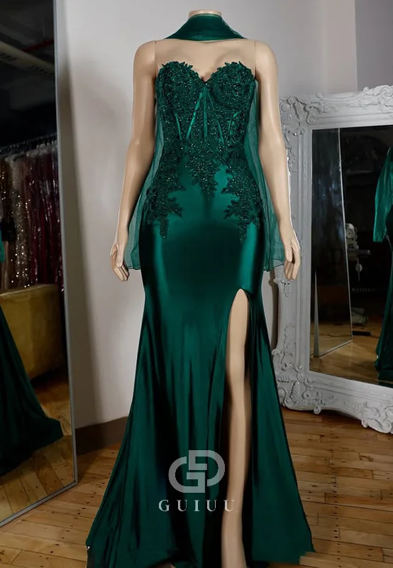 Dark Green Sleeveless Strapless Prom Dress with Slit Appliques Evening Party Dress sweetheart Neckline Romantic