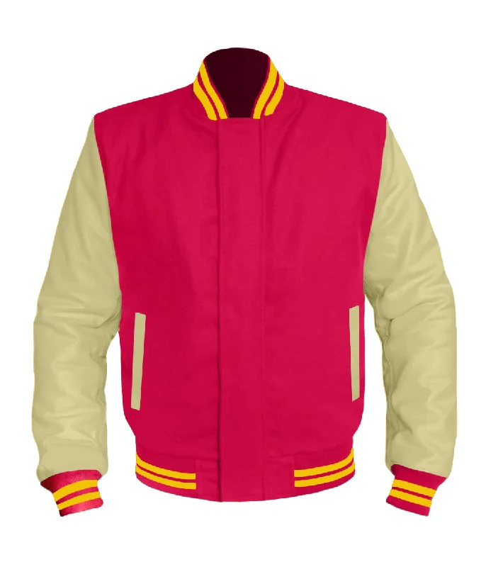 Original American Varsity Cream Leather Sleeve Letterman College Baseball Women Wool Jackets #CRSL-YSTR-BZ Ribbed Jacket Pleated Jacket Ruffled Jacket