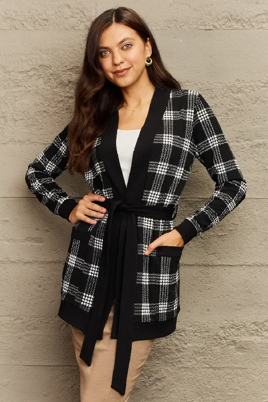 Ninexis Plus Size Plaid Tie Waist Pocketed Cardigan Ribbed Striped Patterned
