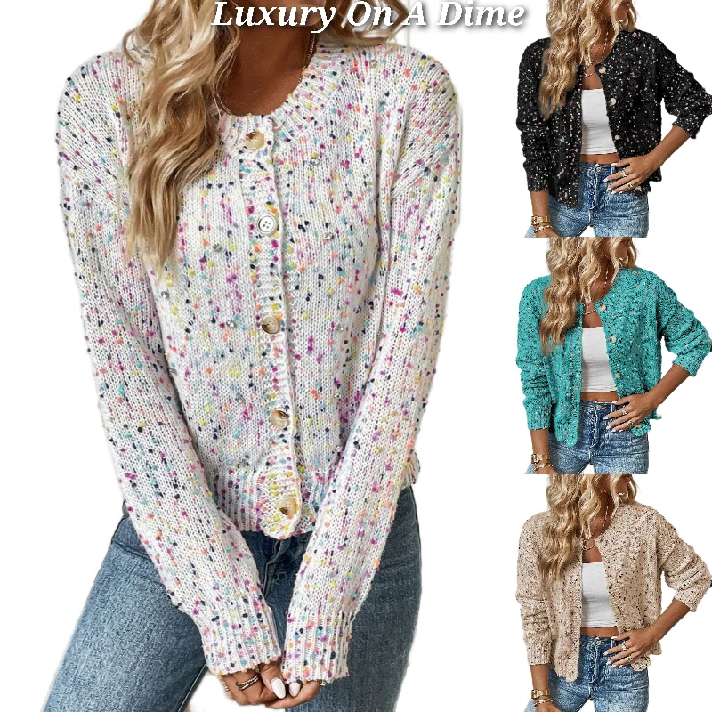 Colorful Popcorn Confetti Knit Cardigan Long Sleeve Round Neck Button-Up Sweater Iron Safe Non-Iron Wrinkle Free