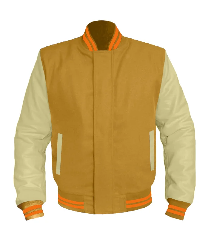 Original American Varsity Cream Leather Sleeve Letterman College Baseball Women Wool Jackets #CRSL-ORSTR-BZ Zip Front Button Front Snap Front