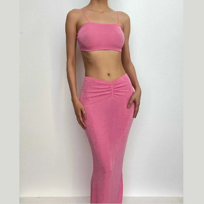 BerryBetty - Ruched solid spaghetti strap backless square neck cami maxi skirt set relaxed fit skirt
