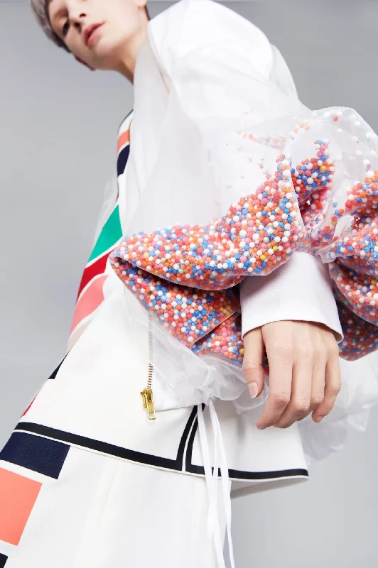 White/Multicoloured Poly Ball Interactive "Spark" Jacket Faux Fur Fabric Real Fur Fabric Shearling Fabric