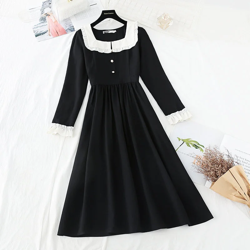 Ruffled baby collar French small black skirt long style  3834 chiffon skirt airy