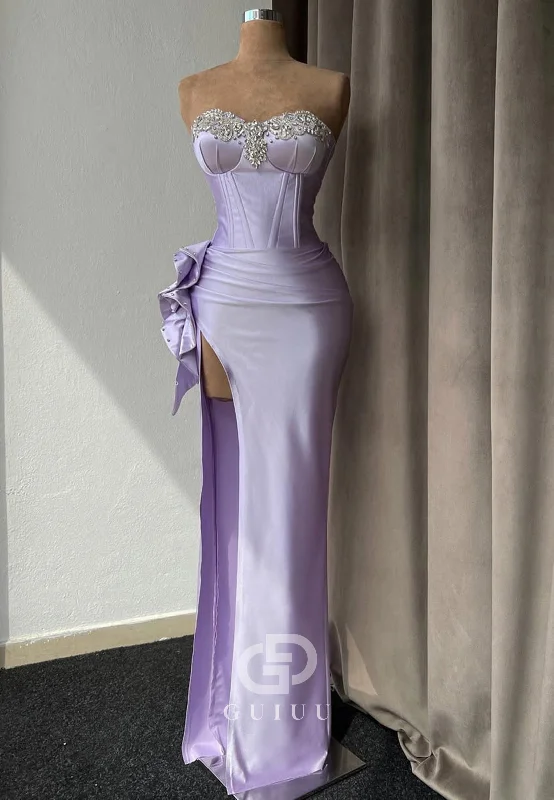Lilac Sleeveless Strapless Prom Dress with Slit Beads Evnening Party Dress Tunics Polka dots