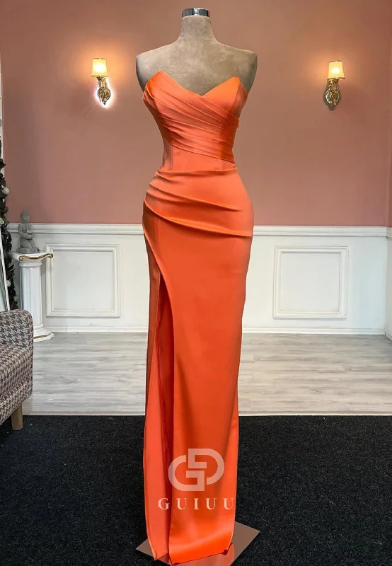 Papaya Sleeveless Strapless Prom Dress with Slit Ruched Evening Party Dress Tunics Short Trendy