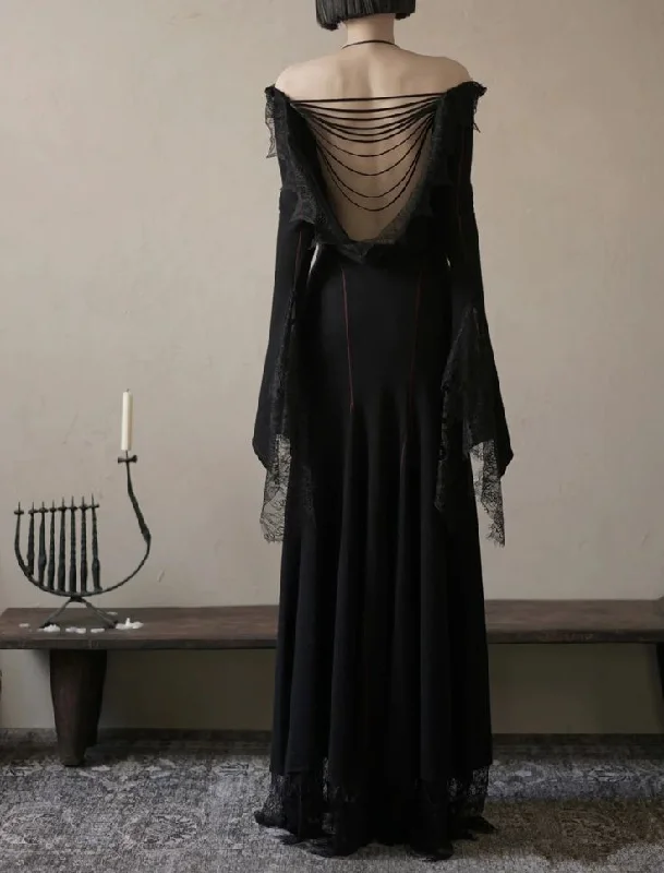 Black Gothic Long Sleeves Lace Halter Backless Long Party Dress, DP2720 Pleated Skirt Elegant