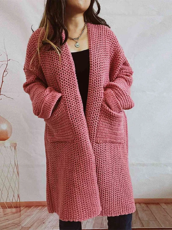 Open Front Long Sleeve Cardigan with Pockets Terry Terry Cloth Terry Knit