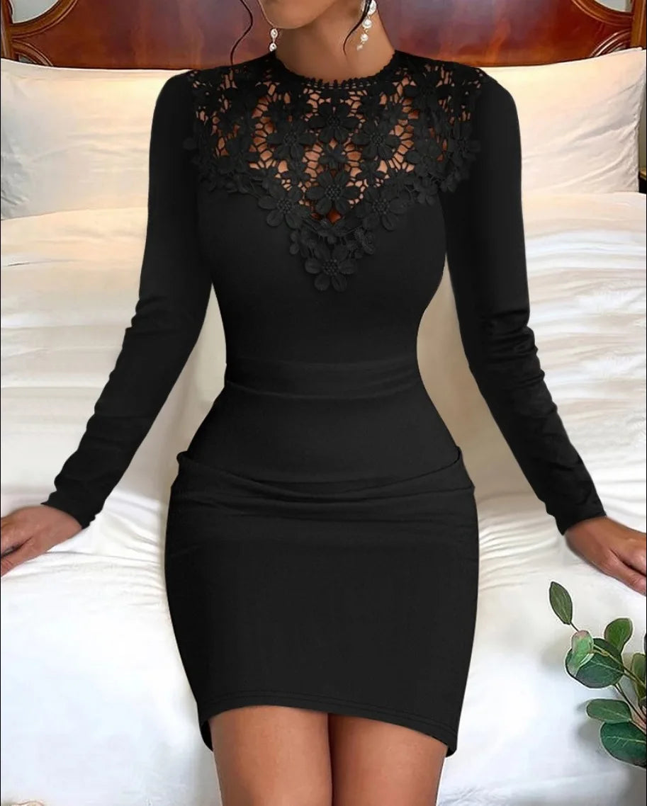 Cinessd Women 2023 Fall Flower Lace Embroidery Mini Dress Elegant Winter Long Sleeve Wrap Dresses Sexy Half Collar Bodycon Party Dress Tunics Chic elegant