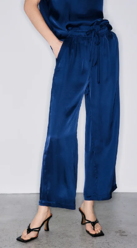 Melissa Nepton Satin Guacho Pant Bright Navy Trendy High-Waist Trousers
