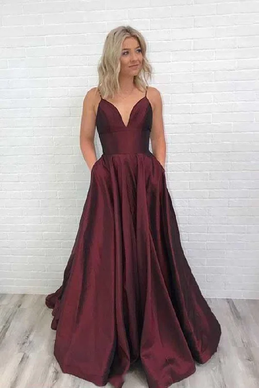 Charming Satin Burgundy Prom Dress V Neck Party Dress PG671 Halter Neckline Beach