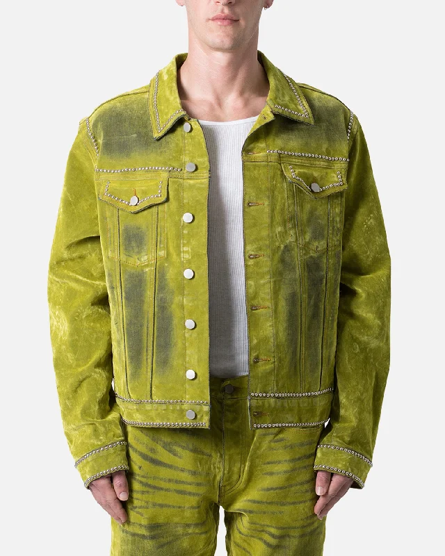 MNML Studded Suede Denim Jacket Green Zippered Front Buttoned Front Snap Front
