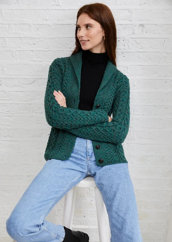 Shawl Collar Aran Cardigan | Connemara Green Mesh Fabric Canvas Fabric Denim Fabric