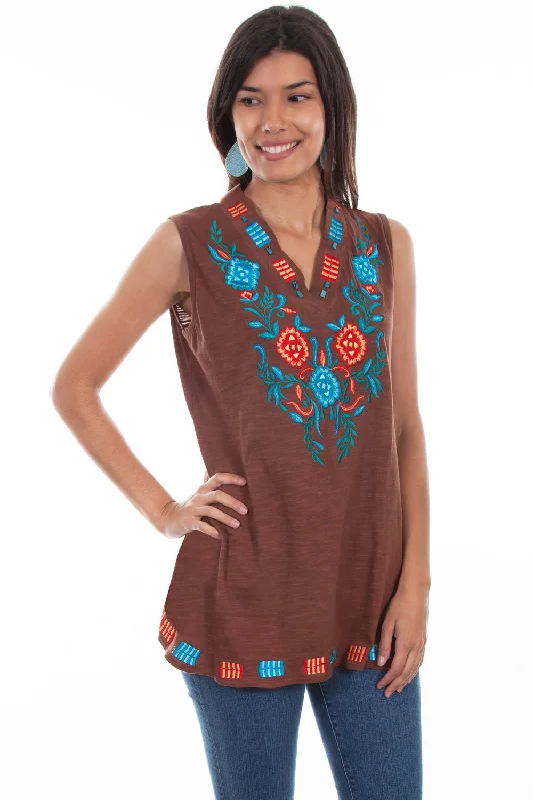 Scully Womens Stylized Floral Flare Brown 100% Cotton S/L Tank Top floral tank top
