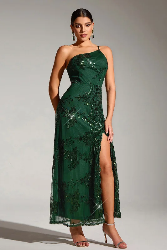 Sparkly Dark Green One Shoulder Mermaid Sequin Long Party Dress with Slit Tunics New arrival