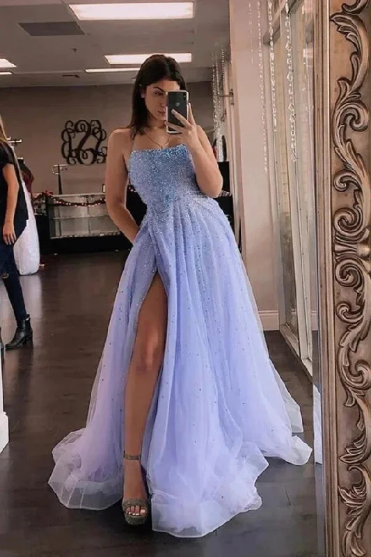 Lavender Tulle A-line Beaded Long Prom Dresses Party Dresses With Slit  PSK436 Tunics Fleece cozy