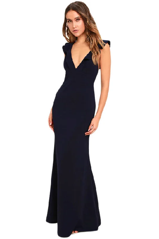 Sexy Navy Blue Deep V Neck Ruffle Detail Maxi Party Dress Tunics Evening elegant
