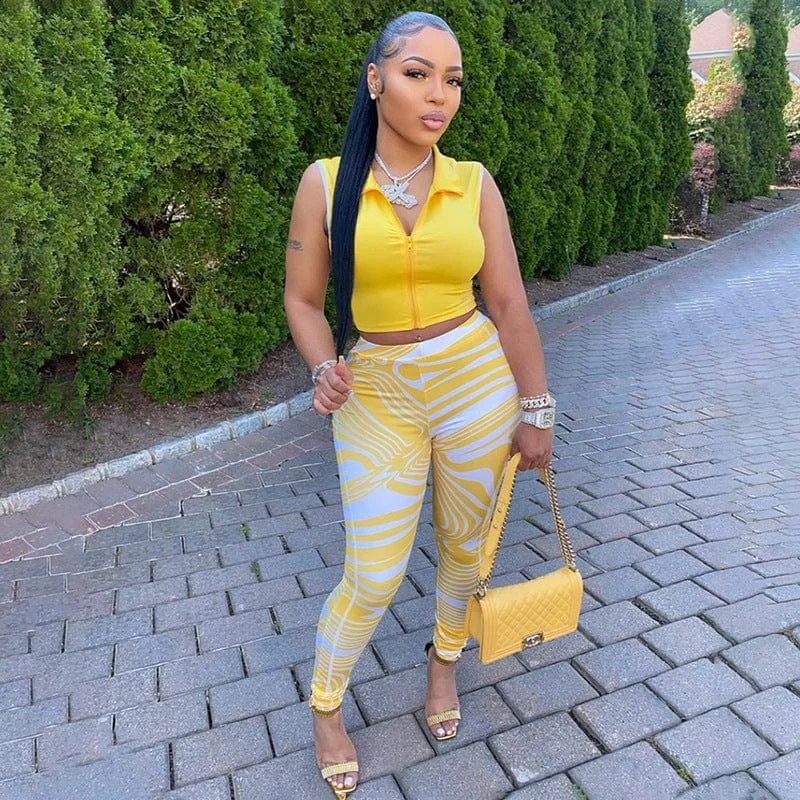 2022 Summer women solid color sleeveless turn-down collar zip top high waist printed trouser set lapel two piece pants set Slim Fit Casual Pants