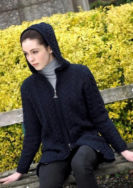 Aran Galway Cardigan With Celtic Knot Zipper | Navy Crew Neck V-Neck Turtle Neck