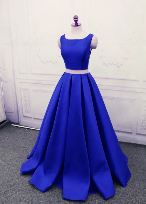 Royal Blue Satin Two Piece Stylish Formal Dresses, Cute Party Dresses, Floor Length Party Dress A-Line Day Work