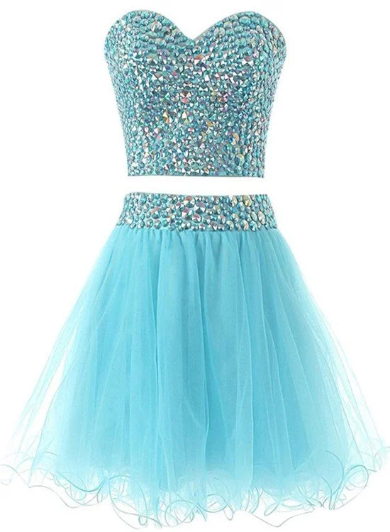 Light Blue Sparkle Beaded Two Piece Homecoming Dresses, Beautiful Short Party Dress Peplum Ruffle Cocktail