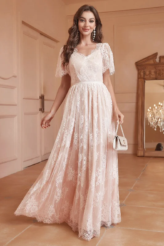 White A-Line Short Sleeves Lace Long Party Dress Tunics Fall fleece