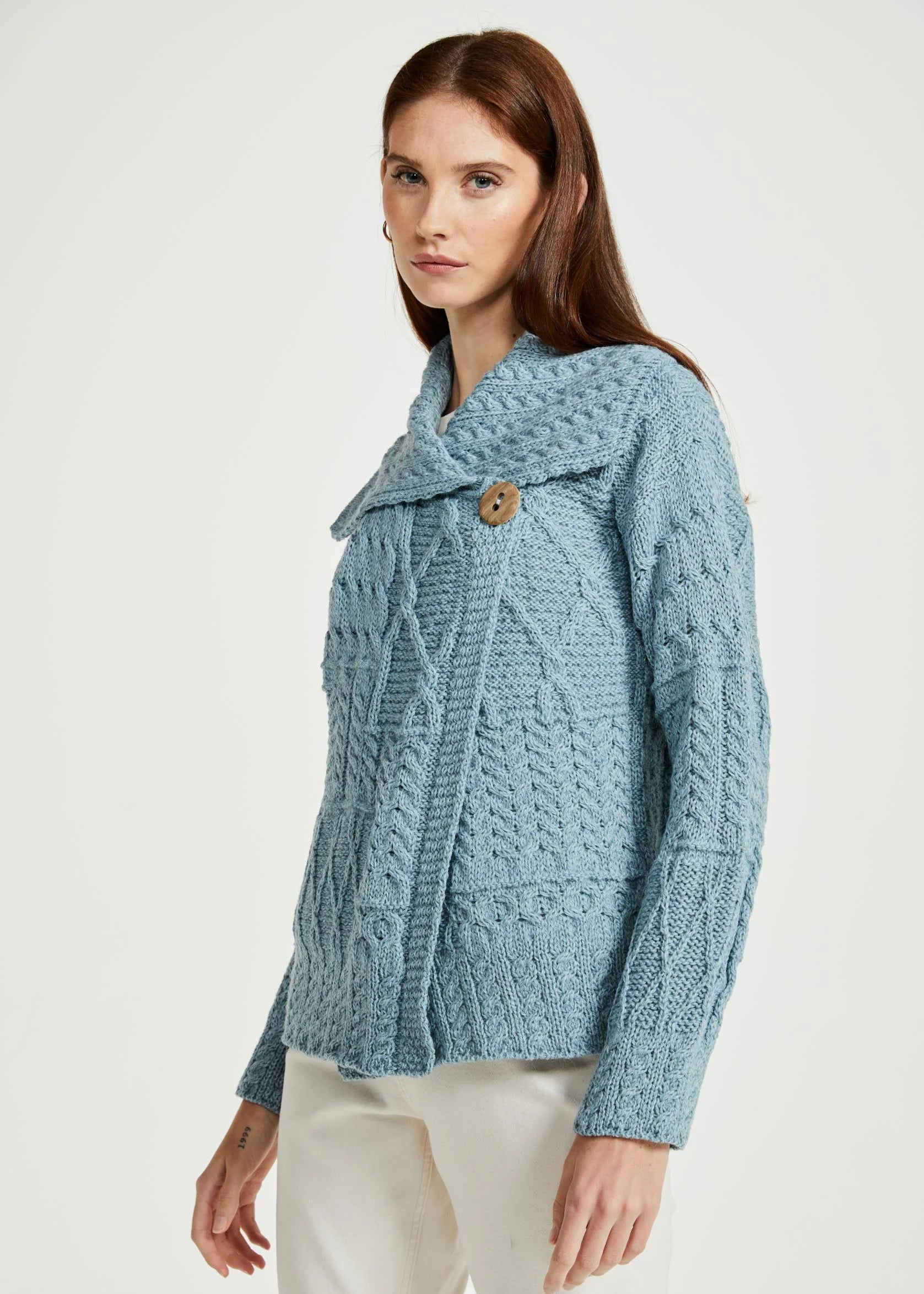 Patchwork Ladies Aran Cardigan | Mist Marl Solid Color Striped Floral Print