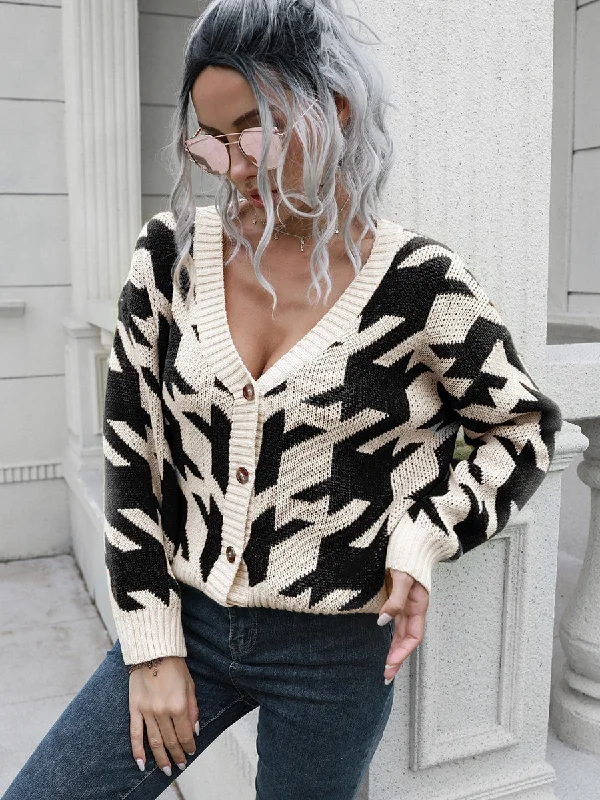 Houndstooth Button Down Cardigan Fitted Loose Oversized