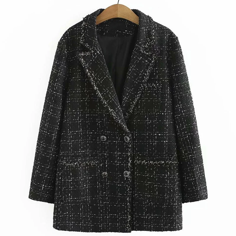 Aonibeier 2023   Woman Casual Traf Coats Autumn Tweed Woolen Long Jacket Oversized Double Breasted Loose Plaid Blazers 4XL Wool Jacket Cashmere Jacket Tweed Jacket