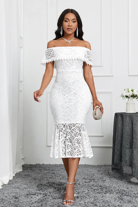 White Off the Shoulder Mermaid Ruffle Tea Length Party Dress Tunics Essential wardrobe