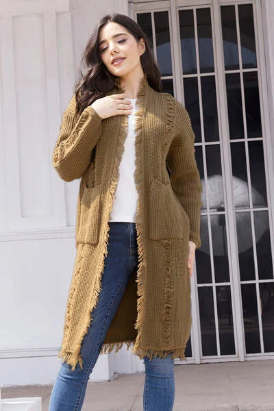 Fringe Trim Open Front Cardigan with Pockets Cotton Fabric Linen Fabric Terry Fabric