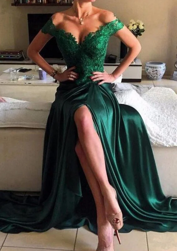 Dark Green Column Off Shoulder Split Lace Satin Prom Party Dress Tunics Cozy soft