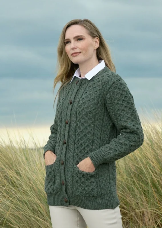 Aran Crafts Lumber Cardigan | Green Open Front Closed Front Wrap Front