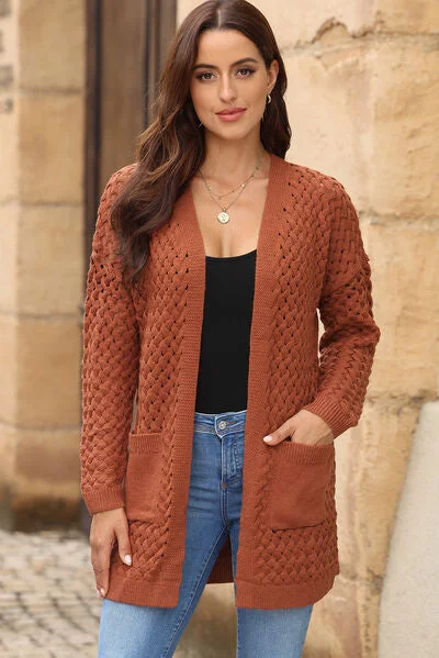Open Front Dropped Shoulder Cardigan with Pockets Mesh Cardigan Canvas Denim