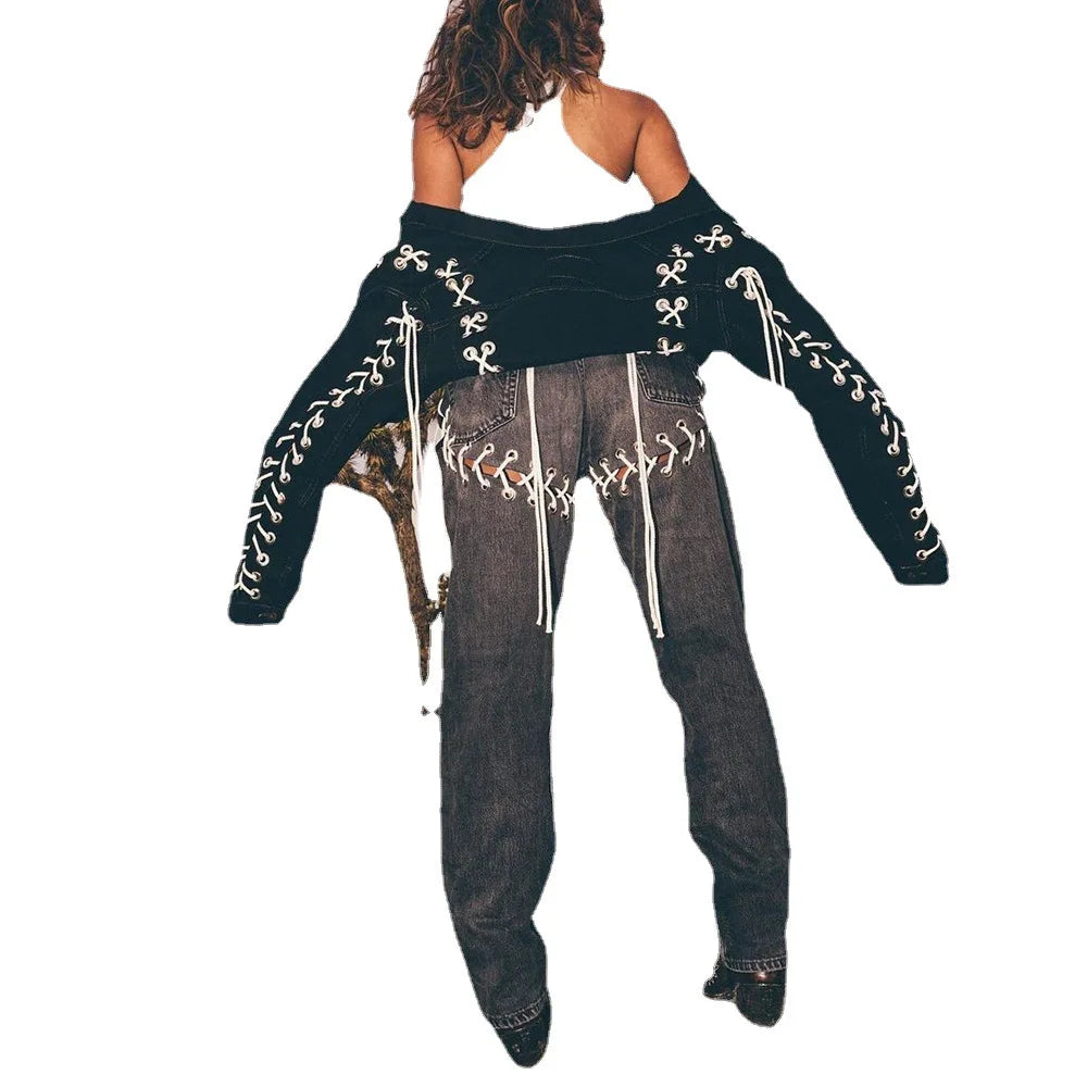Popular Women's Jeans Denim Pants Trouser Ladies Lace up Jeans  Pants For Women Jeans  Women's Pants & Trousers Relaxed Linen Pants