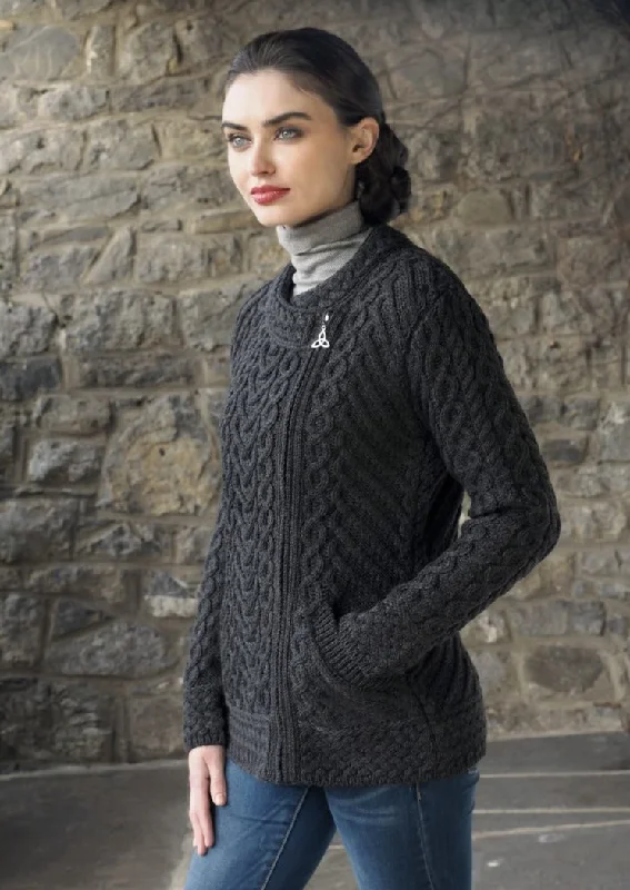 Aran Heart Design Zip Cardigan | Charcoal Satin Blend Silk Blend Wool Blend